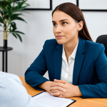 A professional female therapist, fully clothed in a modest business suit, engages in a supportive one-on-one counseling session with a male client, also in professional, appropriate attire. They are seated comfortably in a modern, calm office environment with soft lighting and subtle, reassuring decor. The scene emphasizes empathy, trust, and confidentiality. The focus is on a natural pose, perfect anatomy, correct proportions, well-formed hands, and proper finger count. The image conveys a sense of professional care and a safe space for dialogue. safe for work, appropriate content, fully clothed, professional, family-friendly, high-quality, ultra-realistic.