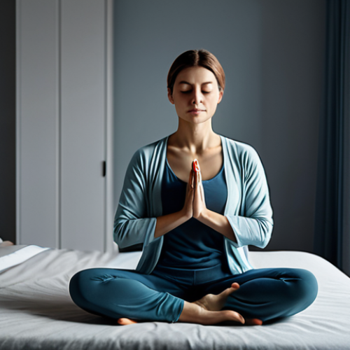**

A serene woman in comfortable, fully clothed attire practicing yoga in a quiet bedroom before sleep, promoting relaxation and better sleep, soft lighting, family-friendly, appropriate content, safe for work, perfect anatomy, natural proportions, well-formed hands, proper finger count, professional quality.

**