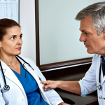 Sleep Study Consultation**

A concerned-looking man, fully clothed in casual but modest attire, sits across from a friendly female doctor in a professional office setting. The doctor is explaining results from a sleep study, pointing to a polysomnography chart. The atmosphere is calm and reassuring. "Safe for work," "appropriate content," "fully clothed," "professional," "perfect anatomy," "natural proportions," "doctor-patient consultation."

**