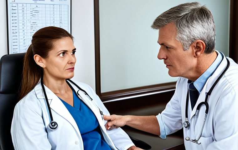 Sleep Study Consultation**
A concerned-looking man, fully clothed in casual but modest attire, sits across from a friendly female doctor in a professional office setting. The doctor is explaining results from a sleep study, pointing to a polysomnography chart. The atmosphere is calm and reassuring. "Safe for work," "appropriate content," "fully clothed," "professional," "perfect anatomy," "natural proportions," "doctor-patient consultation."
**