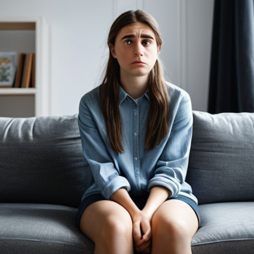 **

"Worried young woman sitting on a couch, experiencing anxiety symptoms. Fully clothed, modest attire, in a cozy living room. Emphasis on the emotional and physical signs of anxiety. Safe for work, appropriate content, professional, perfect anatomy, natural proportions."

**