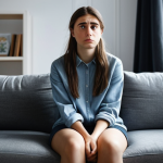 **

"Worried young woman sitting on a couch, experiencing anxiety symptoms. Fully clothed, modest attire, in a cozy living room. Emphasis on the emotional and physical signs of anxiety. Safe for work, appropriate content, professional, perfect anatomy, natural proportions."

**