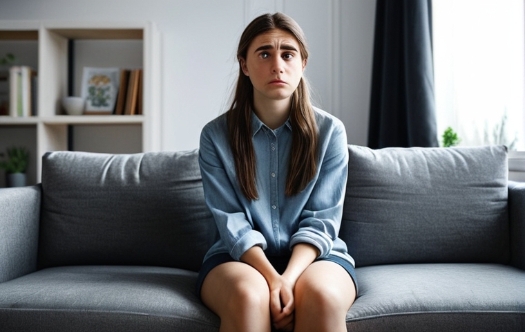 **
"Worried young woman sitting on a couch, experiencing anxiety symptoms. Fully clothed, modest attire, in a cozy living room. Emphasis on the emotional and physical signs of anxiety. Safe for work, appropriate content, professional, perfect anatomy, natural proportions."
**