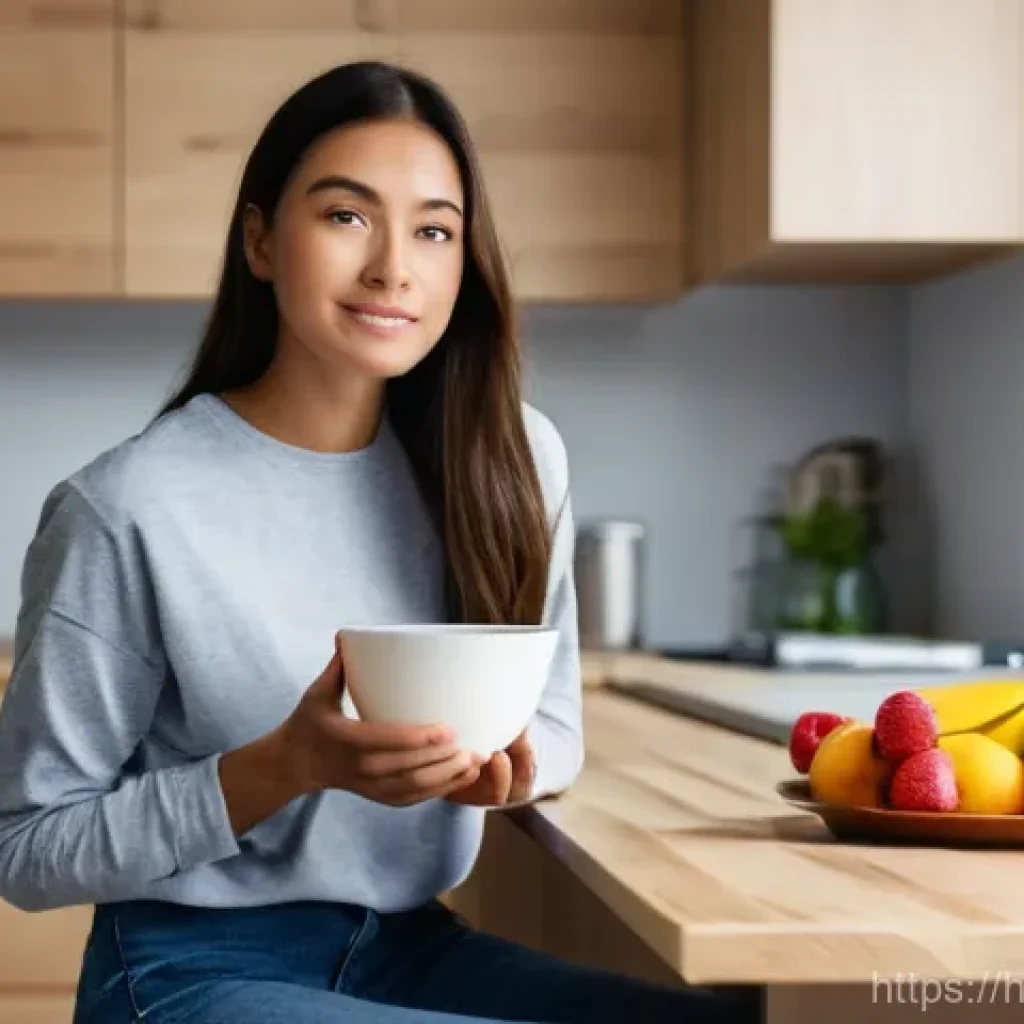 ADHD 약물 부작용 관리 - **Prompt:** A young adult, around 20-25 years old, sitting at a clean, modern kitchen island in the ...