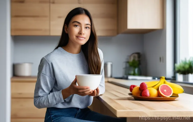 ADHD 약물 부작용 관리 - **Prompt:** A young adult, around 20-25 years old, sitting at a clean, modern kitchen island in the ...