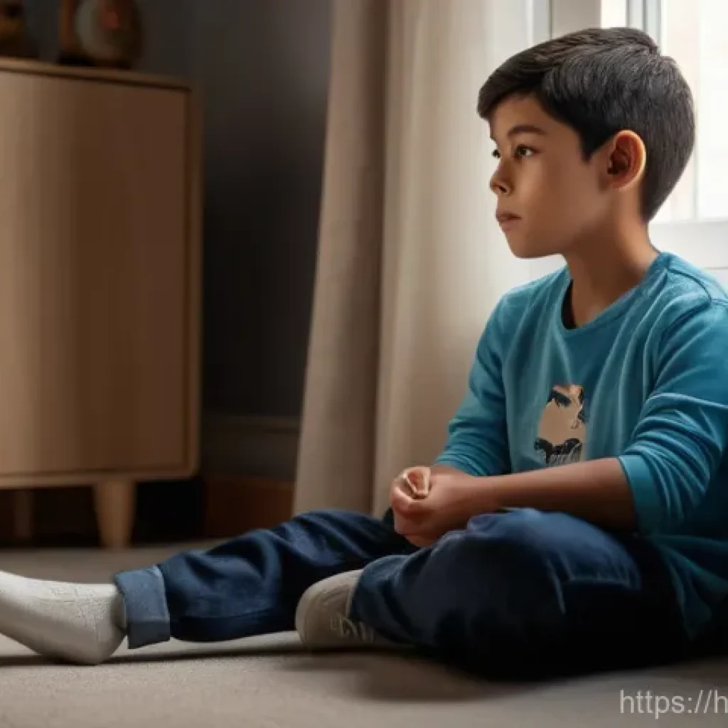 소아 우울증 완치 사례 - A poignant depiction of a child, approximately 8-10 years old, sitting quietly on the floor by a win...