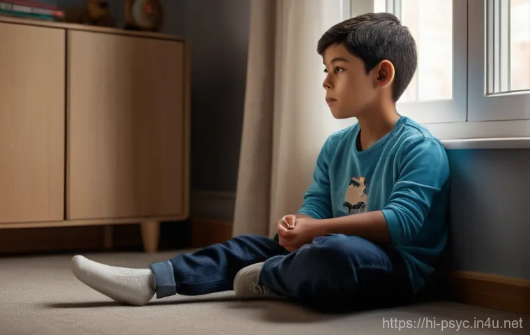 소아 우울증 완치 사례 - A poignant depiction of a child, approximately 8-10 years old, sitting quietly on the floor by a win...