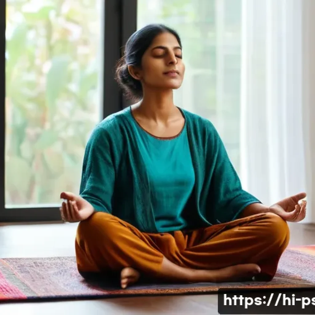 공황장애 극복 후기 - A serene Indian woman practicing the 4-7-8 breathing technique indoors, seated cross-legged on a tra...