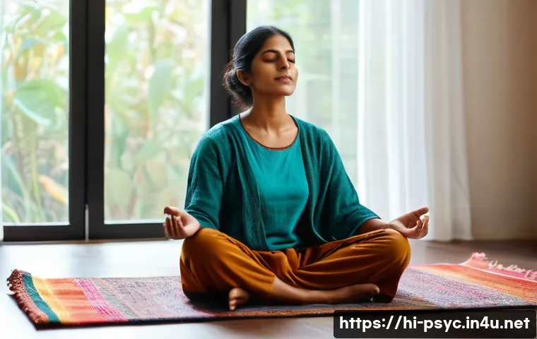 공황장애 극복 후기 - A serene Indian woman practicing the 4-7-8 breathing technique indoors, seated cross-legged on a tra...