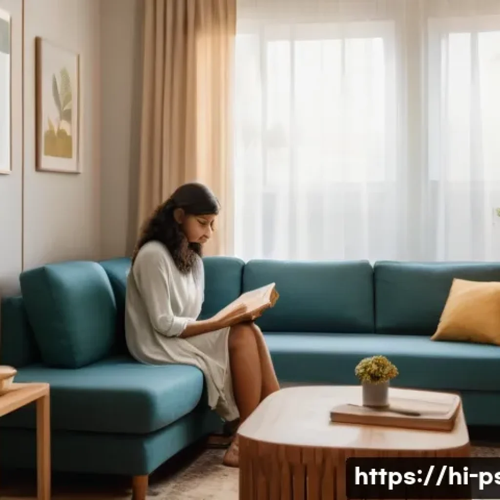 사회불안장애 치료 기간 - A serene therapy room scene featuring a young Indian woman in modest casual clothing sitting comfort...