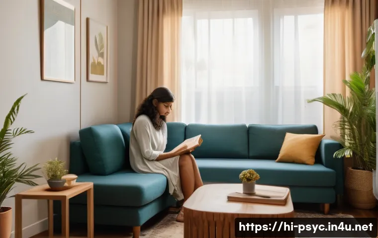 사회불안장애 치료 기간 - A serene therapy room scene featuring a young Indian woman in modest casual clothing sitting comfort...